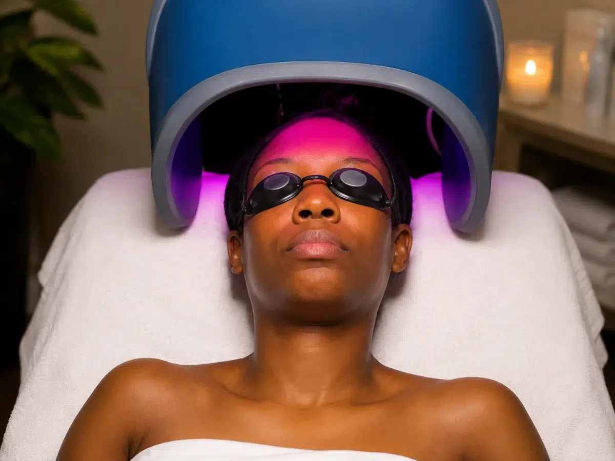 Acne-prone skin receiving LED light therapy at Philadelphia skin wellness studio