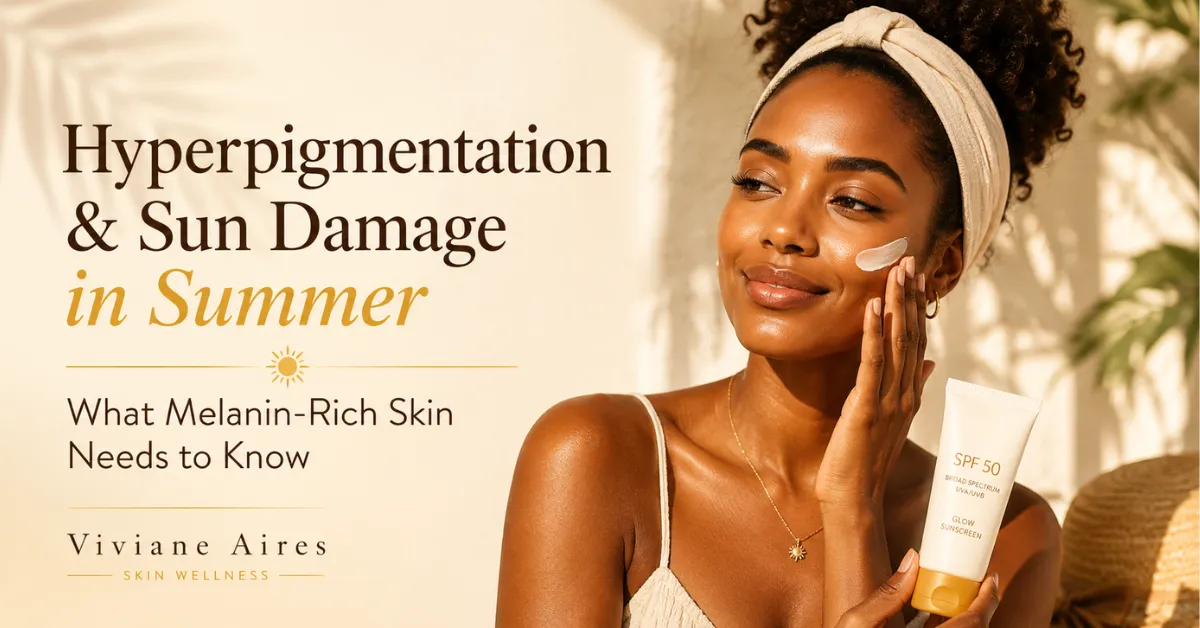 Melanin-rich woman protecting her skin from summer sun damage and hyperpigmentation
