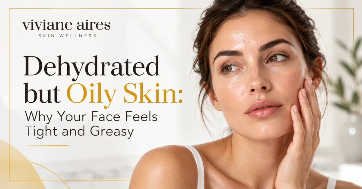 Woman with oily-looking skin experiencing tightness and dehydration